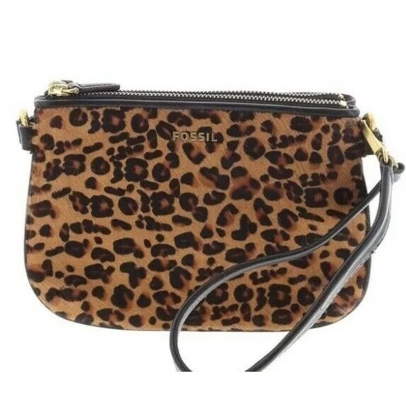 Fossil “Memoir”  Top Zip Calf Hair Cheetah Print Purse Bag Wristlet - Picture 2 of 15